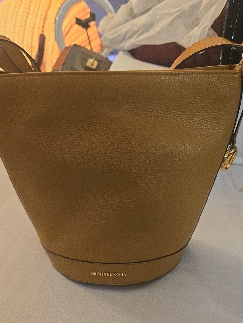 Michael Kors Mustard Tan Pebbled Leather Bucket Shoulder Bag